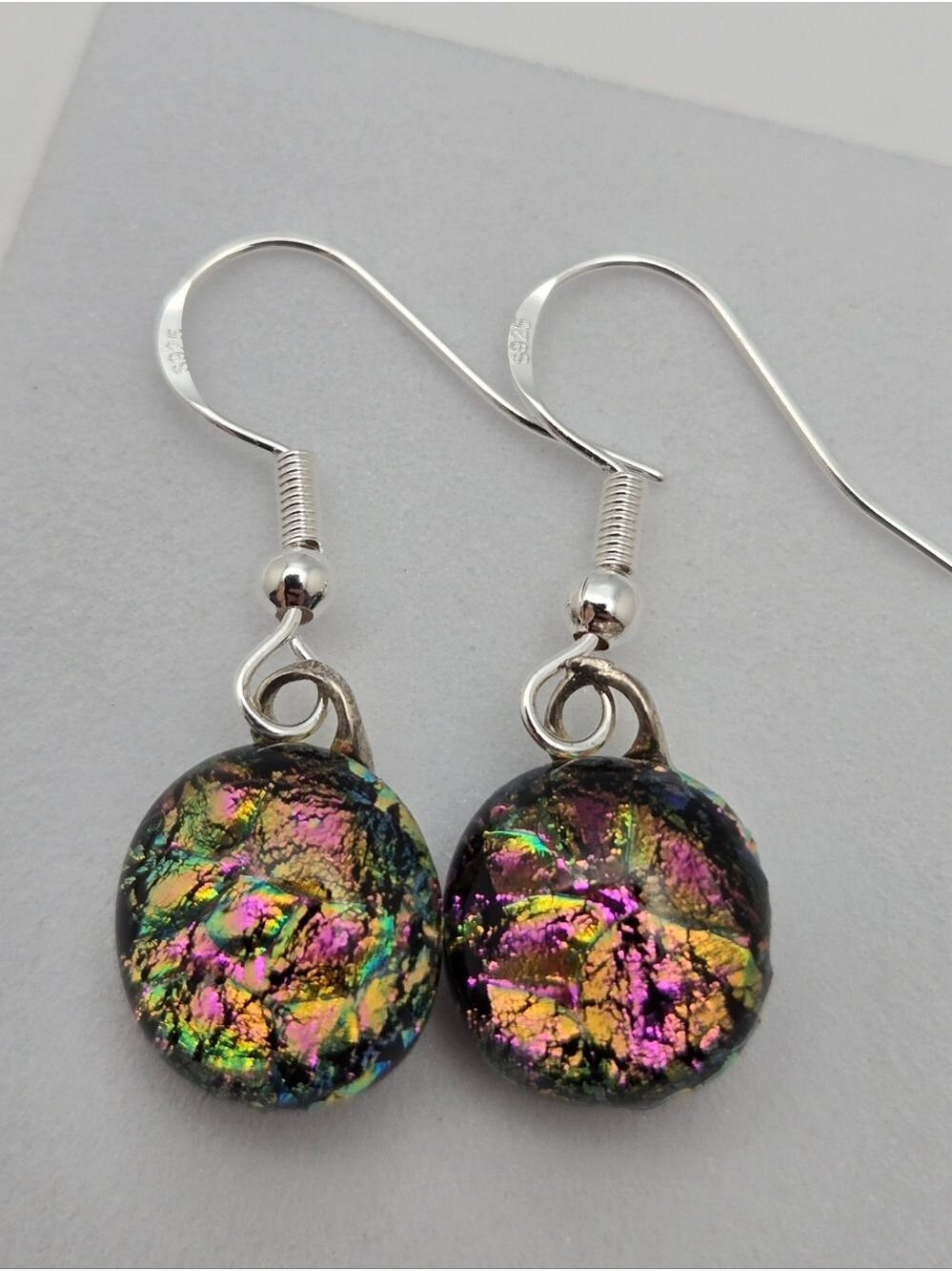 Dichroic Glass Dangle Earrings Pink Purple Firework Sterling Silver Hooks 1"